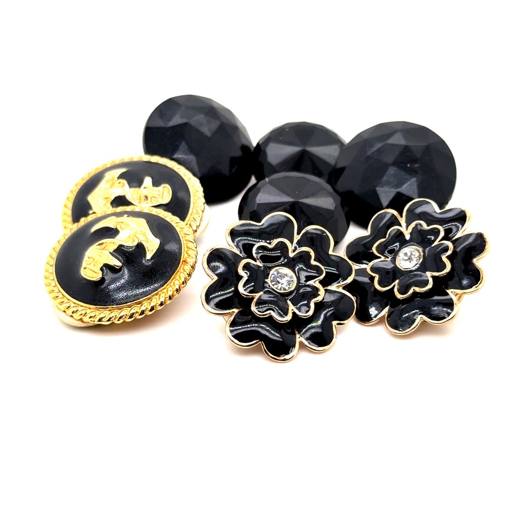 Vintage Clip On Earring Lot Black Gold Flower Anchor Faceted Button 4 Pairs